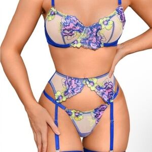 Floral Lace Lingerie Set in Blue and Purple